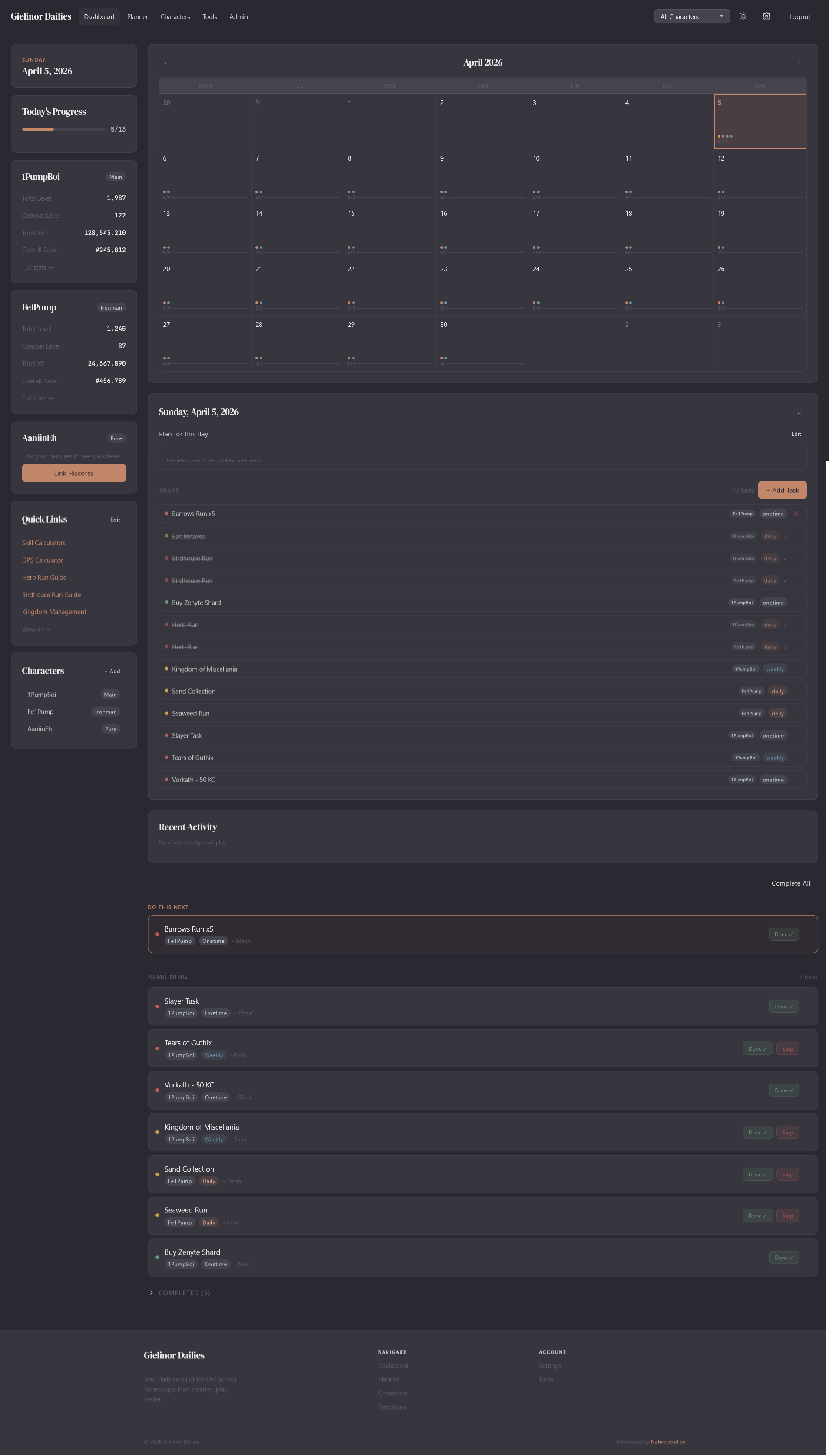 Dashboard overview showing character stats, calendar, and daily progress
